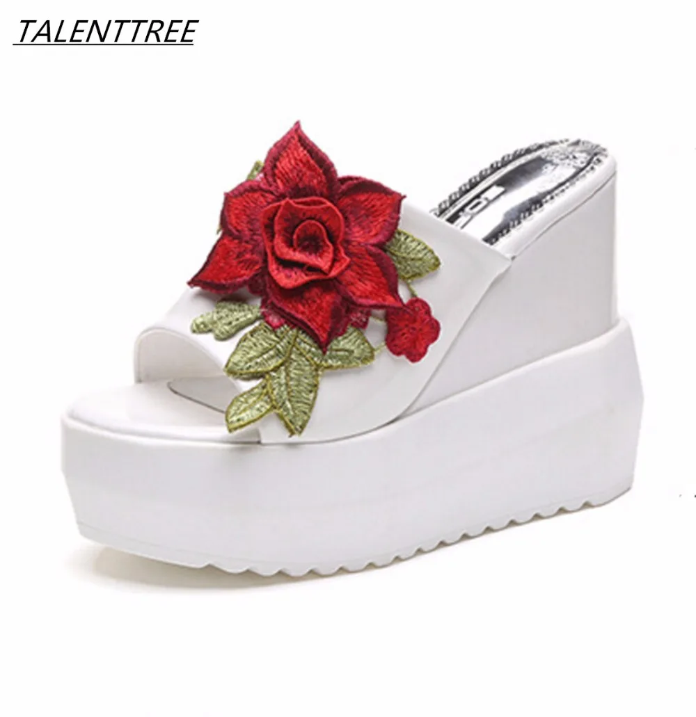 floral embroidered pointed toe chunky heeled sandals