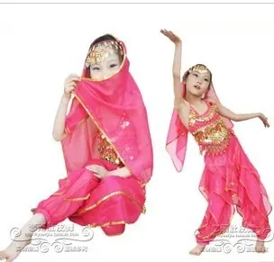 Скидка многоцветный Детский костюм для танца живота комплект(топ, брюки, вуаль, браслеты) индийские костюмы-сари сценическая одежда для девочек - Цвет: rose red