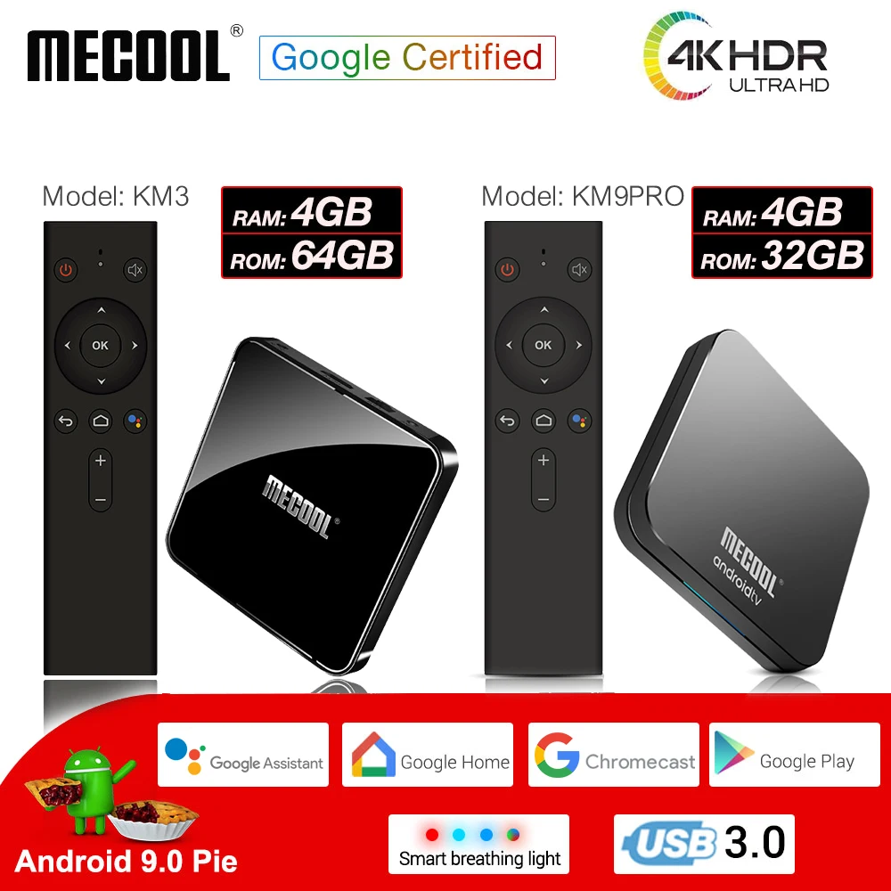 

MECOOL Amlogic S905X2 KM3 KM9PRO Android 9.0 Smart TV Box 4G DDR4 32G/64G 4K HDR Google Certified Media Player Voice Control