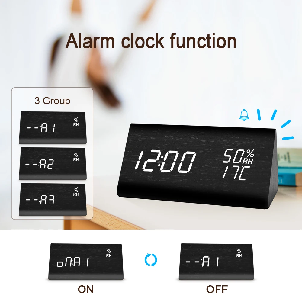 FiBiSonic Современный цифровой светодиодный Будильник управление звуком деревянные настольные часы влажность температура дисплей может заряжать
