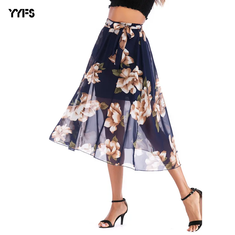 

2019 Women's Skirt Summer Women's Sexy Casual Flower Print Chiffon Skirt Black Tulle Women's Skirt Harajuku Pleated Skirt 1000