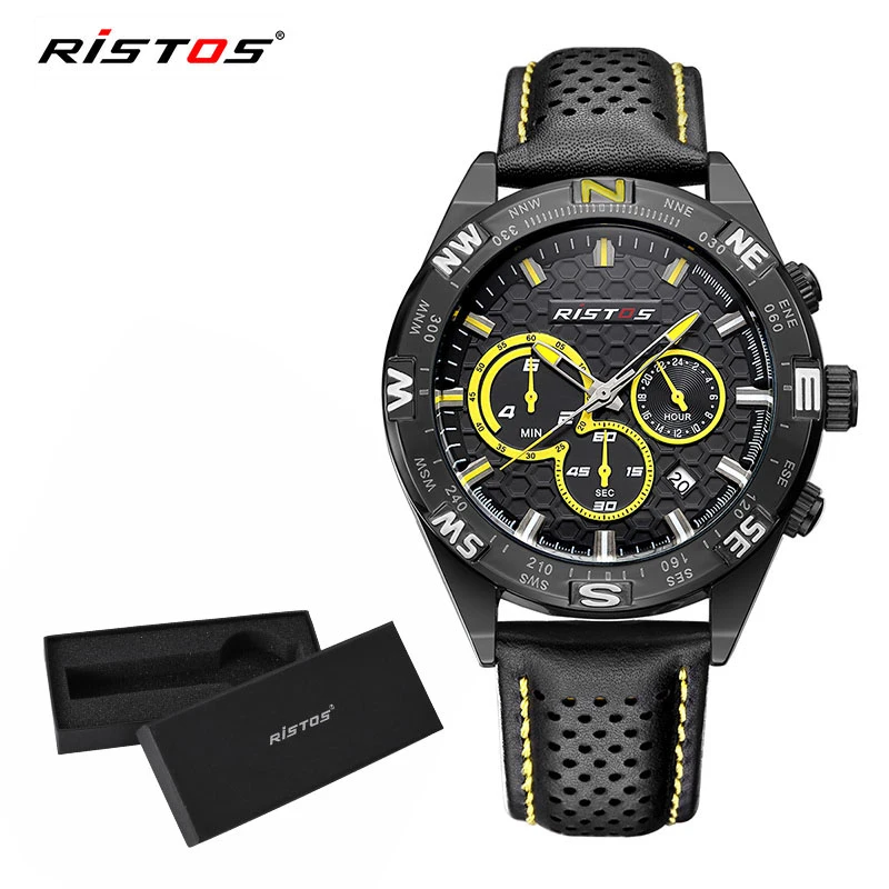 

Ristos Men's Sport Function Chronograph Watch Quartz Casual Wristwatch Genuine Leather Watches Hombre Relogio Masculino 93002