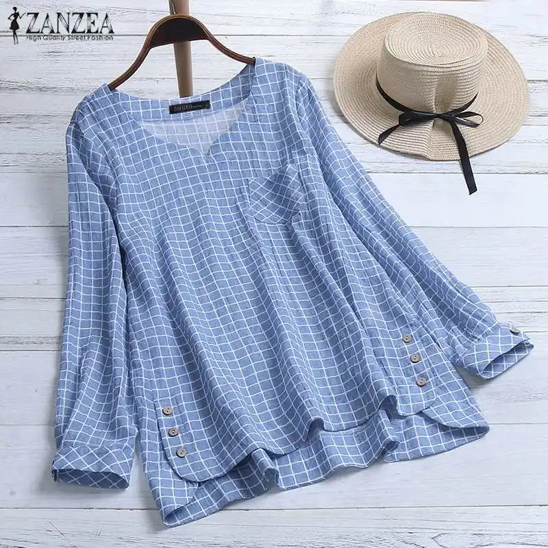 Tanie ZANZEA 2019 tunikowe bluzki sprawdź topy damska asymetryczna bluzka Plus rozmiar moda na co dzień z długim rękawem koszule damskie, proszę kliknąć na przycisk „ Blusas