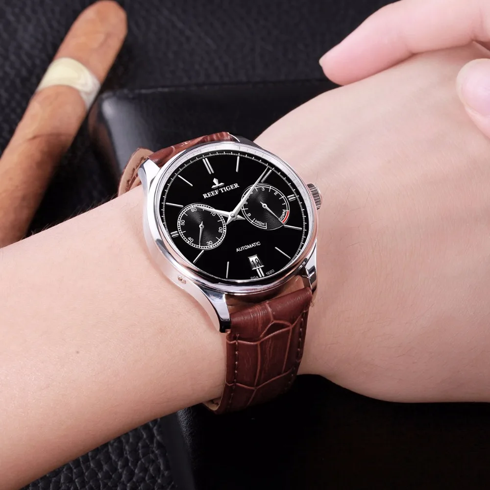  Reef Tiger/RT Elegant Business Mens Watch Automatic Steel Watch with Calendar Small Seconds Power R