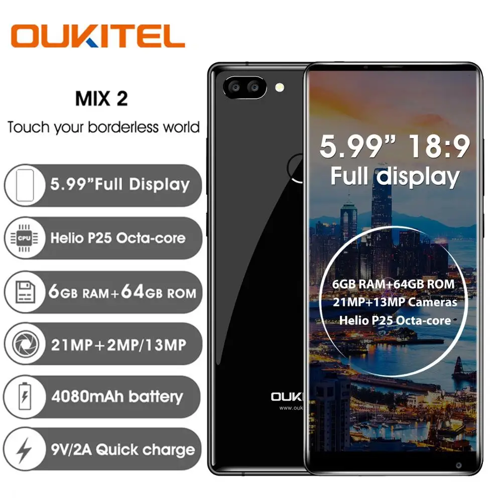 Смартфон Oukitel MIX 2 5 99 &quotс 18:9 экраном 4G Восьмиядерный процессор HelioP25 6 ГБ + 64 21 Мп 13 МП