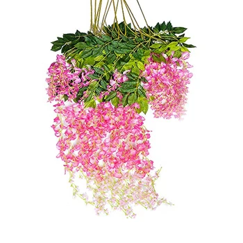 

12 Piece 3.6 Feet Artificial Silk Wisteria Vine Ratta Hanging Flower For Home Wedding Party Decoration - Pink Pink