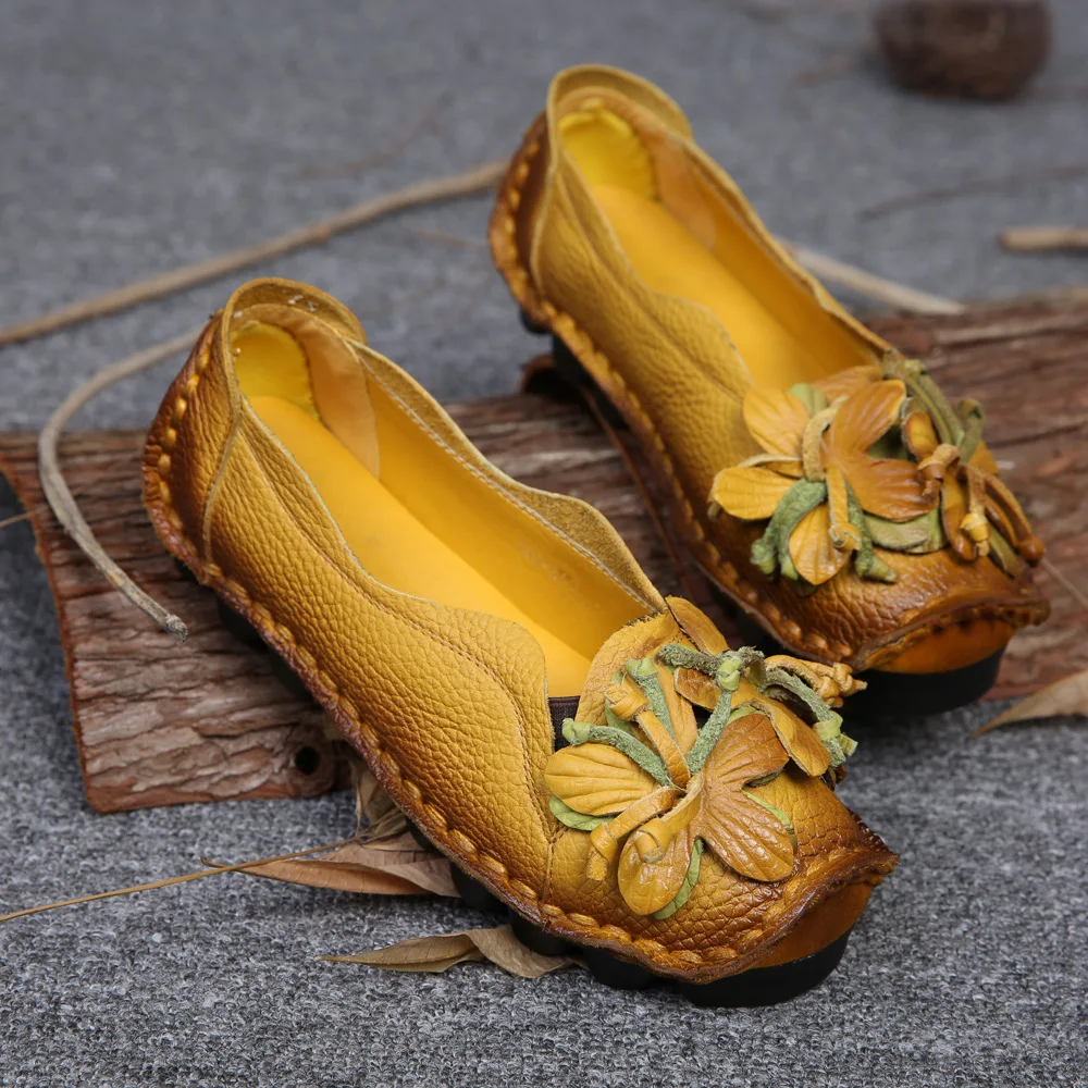 New Autumn Flowers Handmade Shoes Women's Floral Soft Flat Bottom Shoes ...