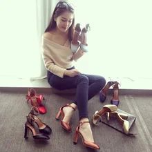 Round Toe High-Heeled Shoes 2016 Elegant Ladies Shoes Elegant Satin Fabric Thick Heel Pumps For Women Buckle Zapatos Mujer