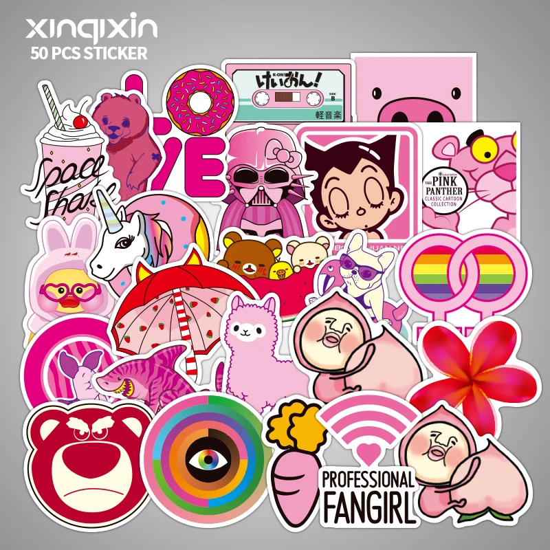 

50pcs/pack PVC Waterproof Pink Girls Fun Sticker toys for children For Moto Car & Suitcase Cool Fashion Laptop stickers