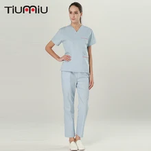 Медицинская униформа для доктора женский костюм медика набор лабораторная куртка+ штаны Одежда скрабы больничный стоматологический короткий рукав v-образный вырез комбинезон