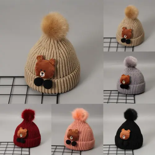 

New Cartoon Bear Wool Knit Hat Kid Baby Child Warm Winter Knitted Beanie Fur Pom Hat Crochet Ski Cap Winter Outdoor Toddler Hat