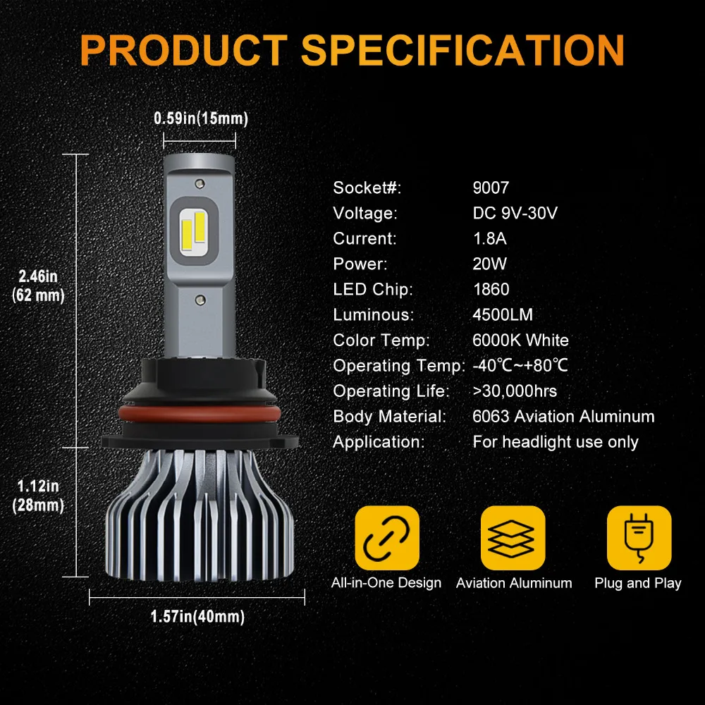 2 шт. H7 светодиодный H4 безвентиляторный H11 H8 H9 9005/HB3 9006/HB4 9012 HIR2 9000Lm CSP автомобиля светодиодный фары Противотуманные фары белый 6000 К