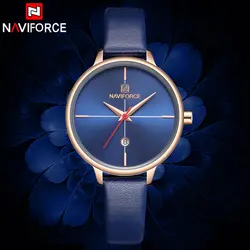 NAVIFORCE Новая мода синий кожаный женские наручные часы Повседневные платья кварцевые наручные часы Простой стиль женский Reloj Mujer