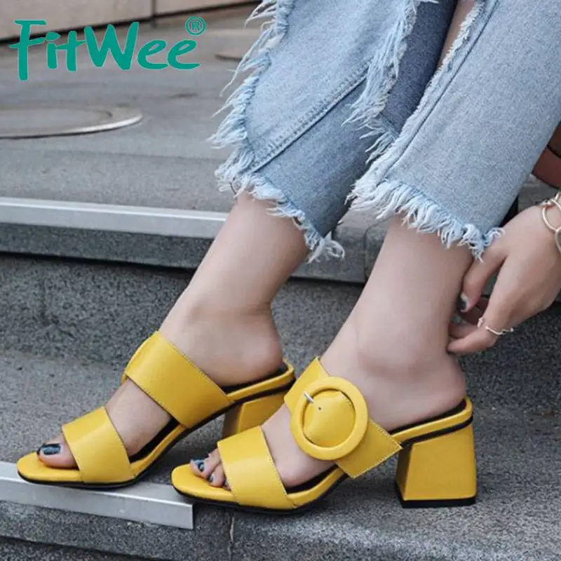 FITWEE Simple Women Genuine Leather High Heel Sandals Metal Buckle Square Toe Thick Vacation Shoes Size 33-40 | Обувь