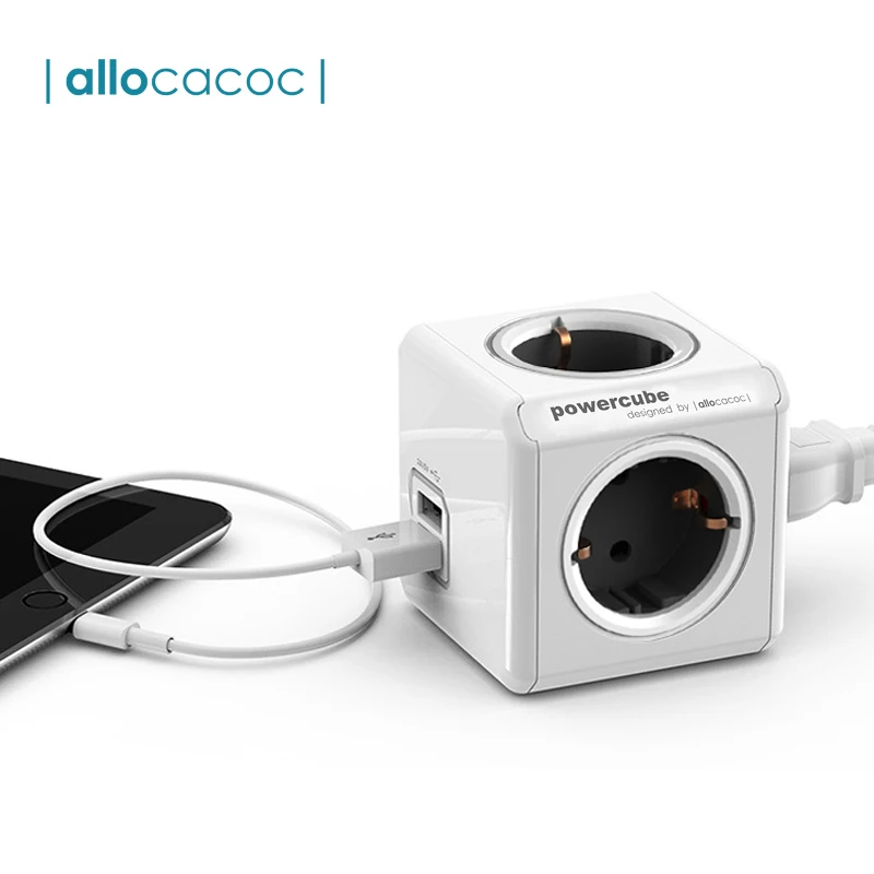 

Allocacoc Powercube EU Plug Power Strip 4 AC Plug Travel Adapter 3680W Smart 2 USB Port Charger Socket Extension Cable 1.5m 3m