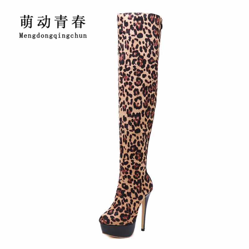 

2018 Women Boots Fashion Round Toe Leopard High Heels Boots Women Over the Knee Thin Heels Shoes Sexy Nightclub Party Boots