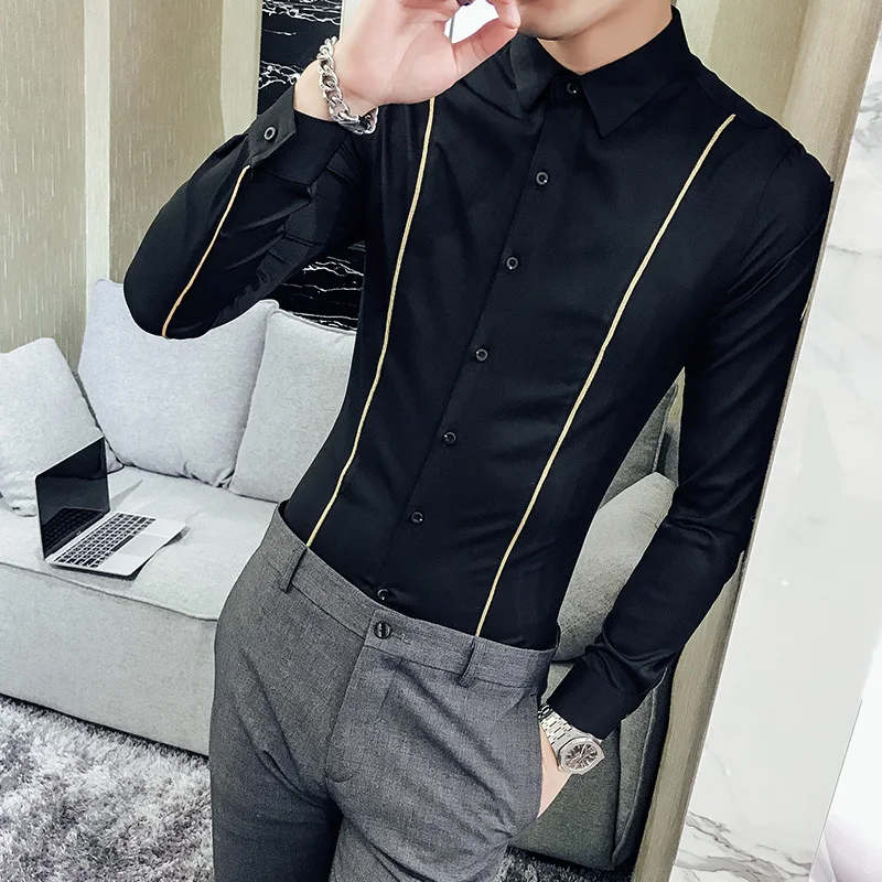 Gold Tape Stripe Shirt Men Long Sleeve Slim Fit Men Shirt Casual Black
