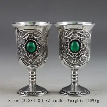 

First-class Chinese ancient manual collection a pair of miao silver inlaid turquoise goblet