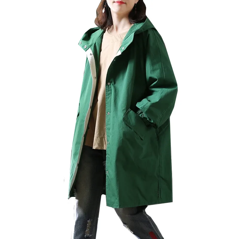 

Women's Long Hooded Trench Coat Spring Autumn Fashion Loose Long-sleeved Ladies Cotton Outerwear Casual Windbreaker BF Coat Tide