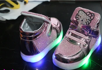 Children Shoes 2016 New Spring Hello Kitty Rhinestone Led Shoes Girls Princess Cute Shoes With Light EU 21-30
