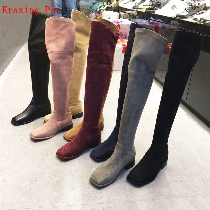 

Krazing Pot 2019 high quality flock slip on Winter dailywear banquet winter square toe keep warm stretch over-the-knee boots L45