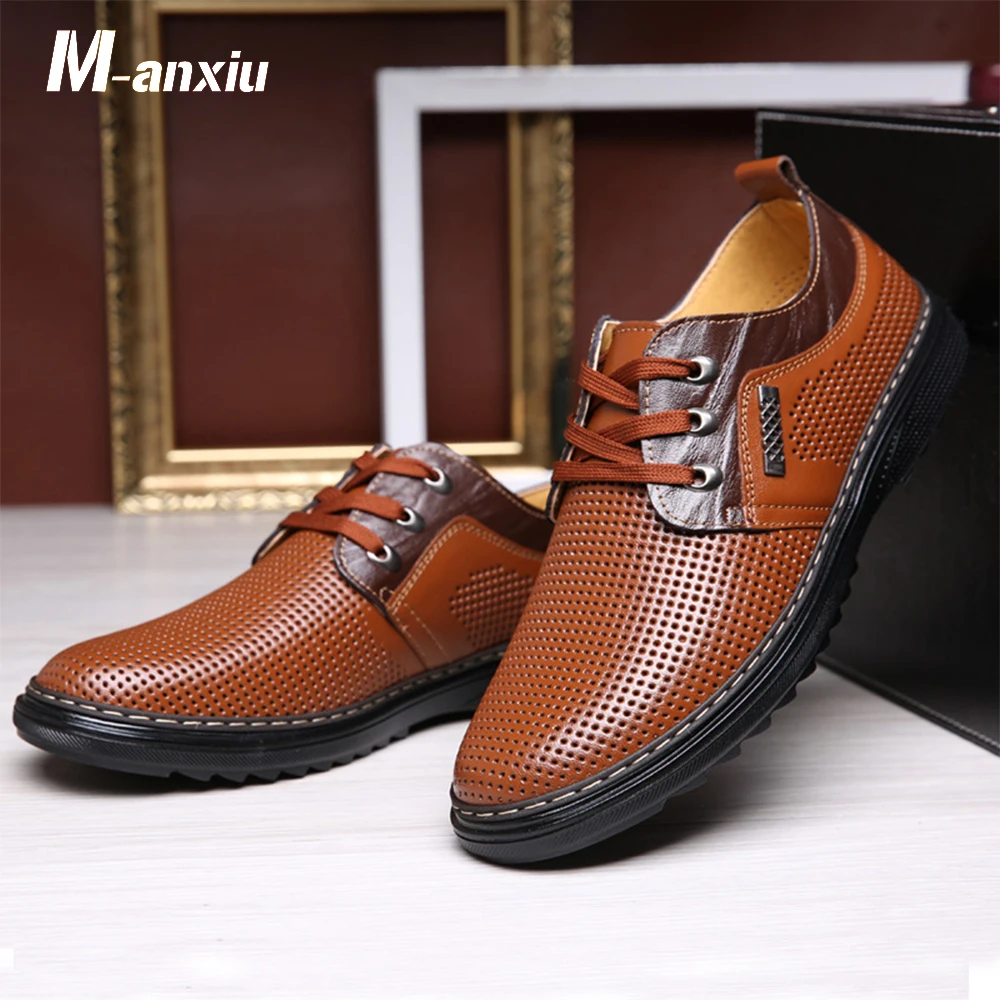 

M-anxiu 2018 Summer Gen Uine Cow Leather Sandal Men Flat Rubber Sole Breathable Sandal Hollow Out Antiskid Liesure Summer Shoes