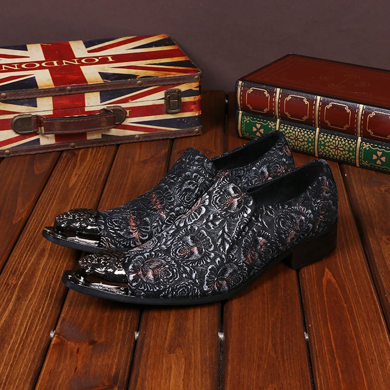 Men's Fashion Red Colorful Floral Printed Wedding Shoes Genuine Leather