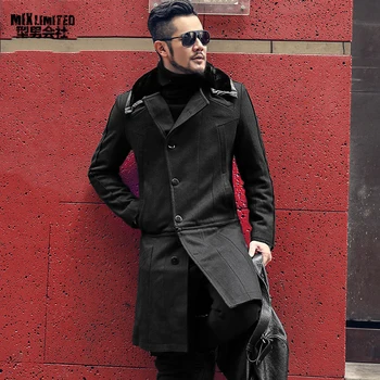 

Men new removable woolen winter British style long fur jacket coat metrosexual man design slim fashion black casual coat F291