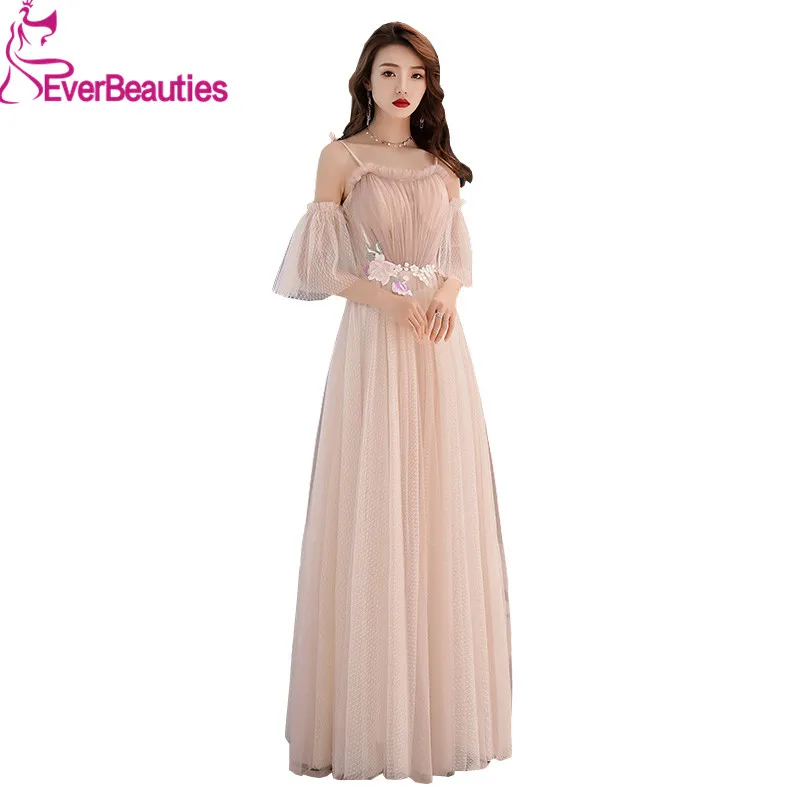 

Spaghetti Strap Evening Dresses Long Short Sleeves Tulle Appliques Elegant Party Gowns Formal Dress Evening Gowns Robe De Soiree