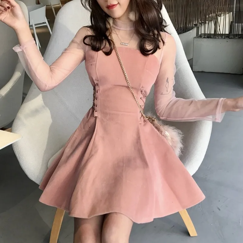 

vintage style temperament Women's Clothing mesh patchwork A-Line dress perspective Bandage Slim fit short dresses fashion new