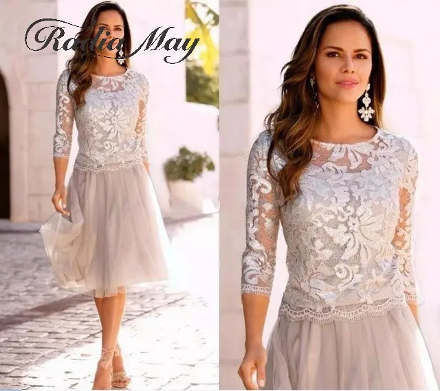 Silver Grey Lace Plus Size Moeder van de Bruid Jurken met 3/4 Lange Mouwen Knielengte Korte Wedding Party Jurken diner Jurk Silver Grey Lace Plus Size Moeder van de Bruid Jurken met 3/4 Lange Mouwen Knielengte Korte Wedding Party Jurken diner Jurk
