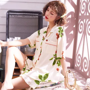 

Ladies Pajama Set Floral Printed Turn Down Collar Simple Style Women Sleepweear Full Cotton Comfort Comfort Homewear Casual Wear