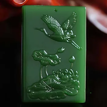 

Hetian jade spinach green way connectec Fang and Hetian jade of Kunlun jade lotus crane
