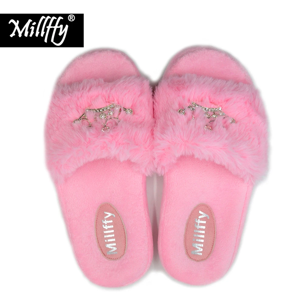 Millffy ergonomics massage sweet pv plush slippers princess crown bringbring diamond Ladies shoes pink girl home slippers millffy 2018 new summer sweet ladies shoes pink girl home slippers cotton indoor slip on knot stripe slippers