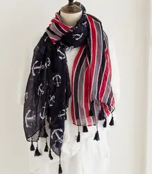Для женщин в полоску якорь печатных Качественный хлопок кисточкой шарф шали палантины хиджабы 10 шт./лот