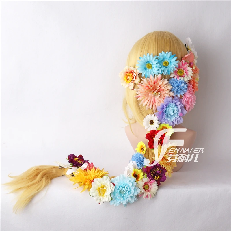Запутанные косплей парик волос принцесса косплей Рапунцель косы Искусственные цветы полный набор Хэллоуин ролевые игры
