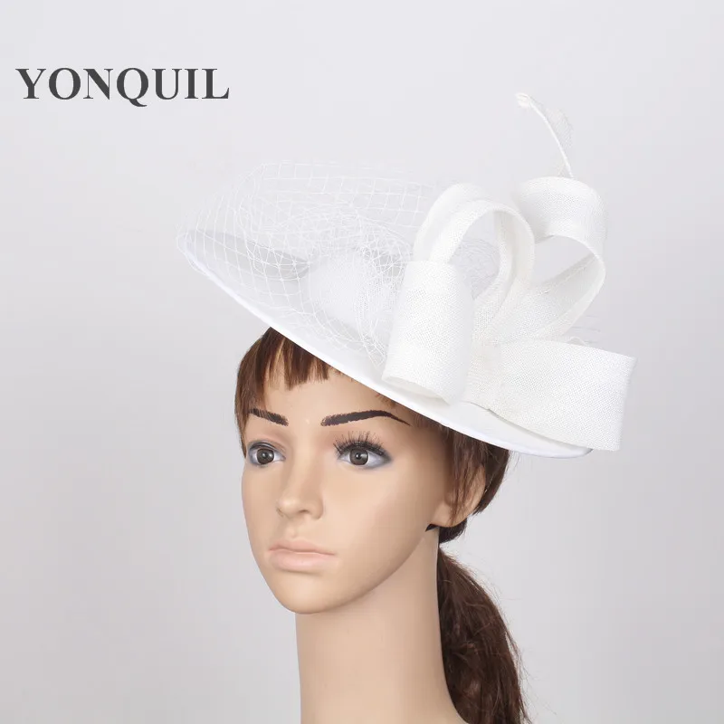 Big White Fascinator Hats With Birdcage Veil Bride Weddings Velling Headpiece Netting Hairbands Occasion Headwear