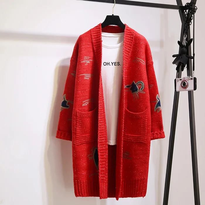 Осенний женский толстый свитер, кардиган с вышивкой для женщин, зимний Свободный Длинный свитер с карманами, свитер для девочек SW859 - Цвет: red
