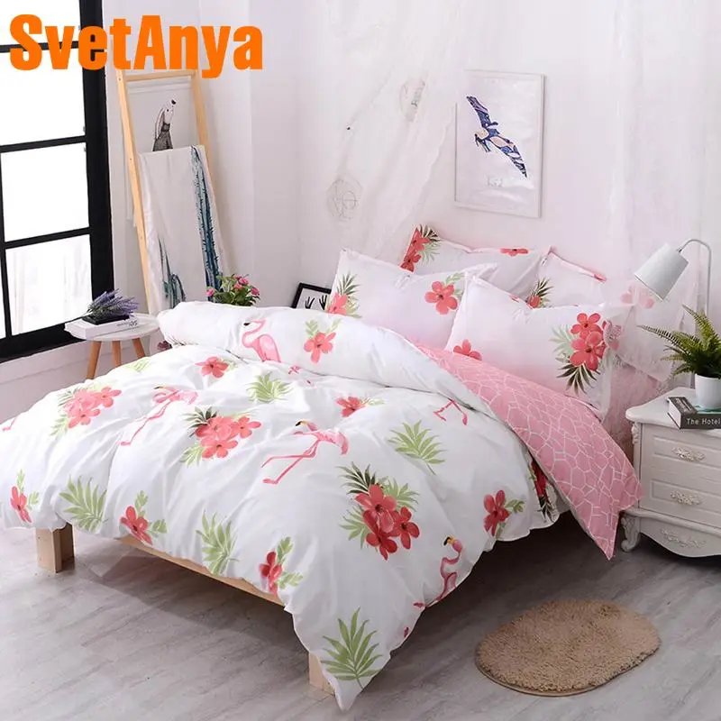 

Svetanya China cheap Bedlinen Flamingo printed white Bedding set (flat sheet +pillowcase+Duvet Cover)