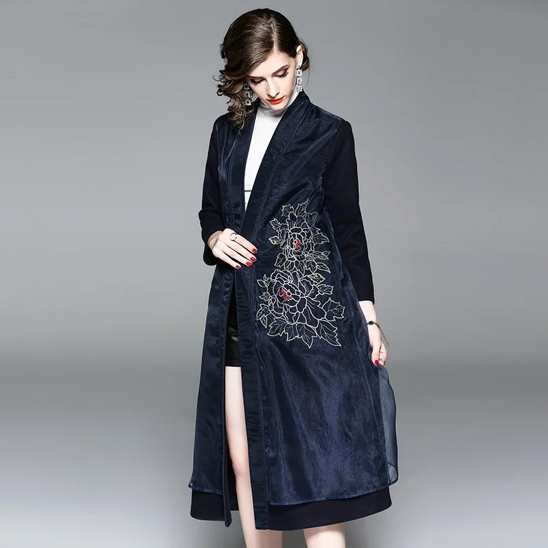 Женское зимнее длинное пальто из органзы с цветочной вышивкой, высокое качество, элегантное женское пальто-кардиган средней длины с v-образным вырезом - Цвет: Королевский синий