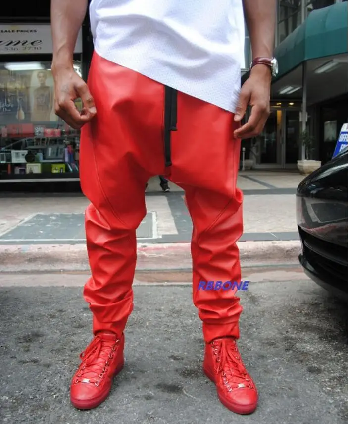 27-44 Для мужчин; модная одежда в стиле "хип-хоп" Разноцветная с устойчивым каблуком и ремешком повседневные штаны-шаровары кожа Штаны брюки размера плюс костюмы - Цвет: red