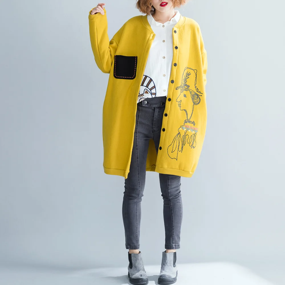 lower price  2019 plus size women fleece jacket coat cartoon print pocket patchwork V neck female casual long ov