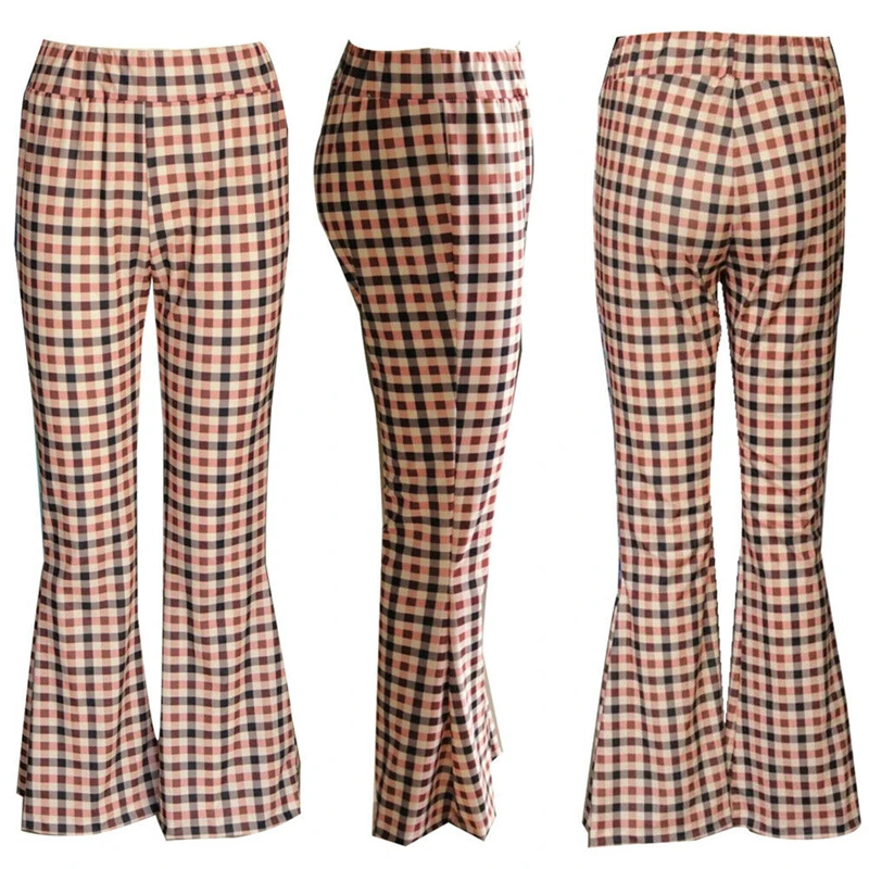 Модные новые женские расклешенные брюки стрейч брюки женские узкие с высокой талией клетчатые расклешенные брюки винтажные с эластичной талией женские брюки - Цвет: Коричневый