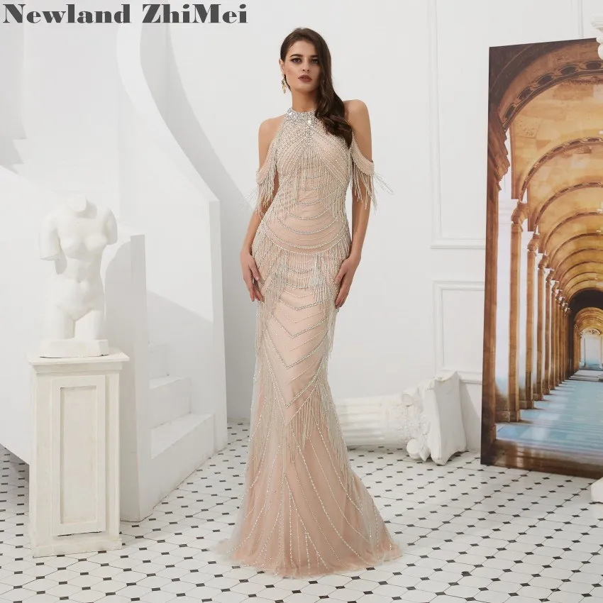 

2019 Tassel Evening Dress Elegant Heavy Beading High Neck Backless Sheath Formal Gown Dresses abendkleid