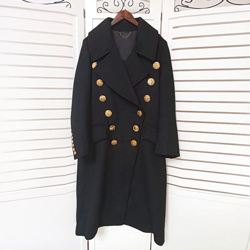 Высококачественное роскошное повседневное пальто из шерсти с золотыми металлическими пуговицами, длинное дизайнерское двубортное пальто с поясом для подиума - Цвет: as pic