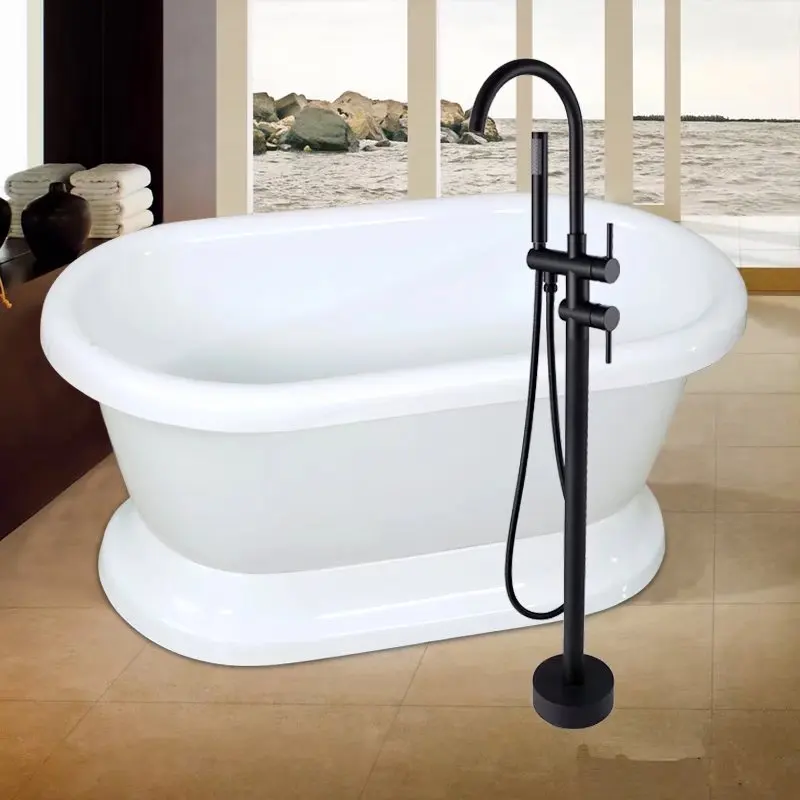 Black High Rise Round Freestanding Spout Shower Faucet Bath Mixer Tap Floor New (2)