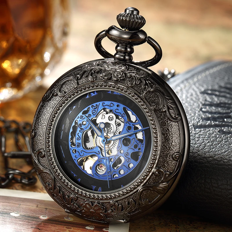 Luxury Retro Golden Hollow Skeleton Mechanical Pocket Watch Mens
