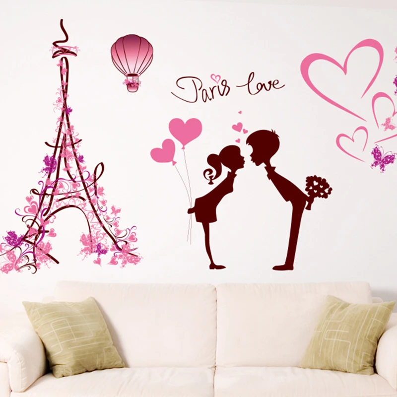 

[shijuekongjian] Paris Tower Buildings Wall Sticker Vinyl DIY Cartoon Couples Mural Decals for Living Room Wedding Decoration