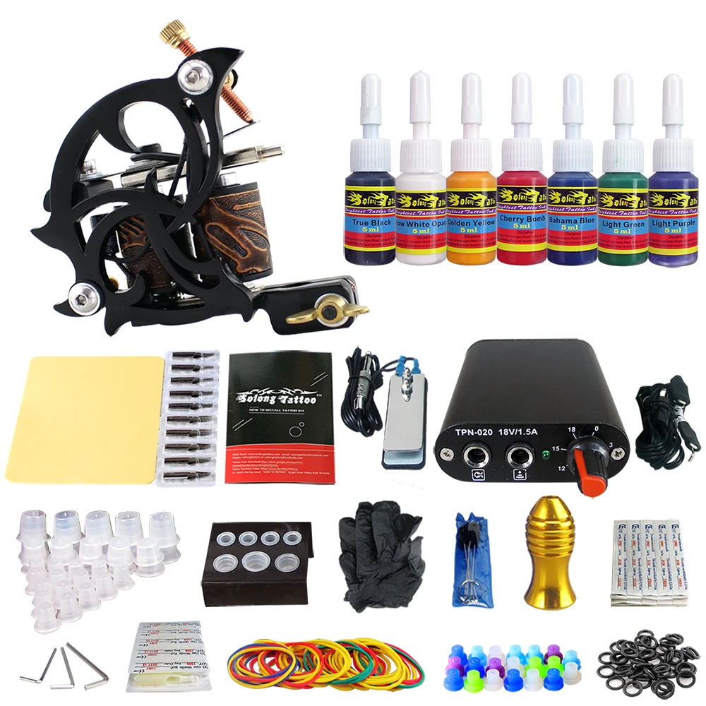 

Hybrid Complete Tattoo Coil Machine Kit For Liner Shader Power Supply Foot Pedal Needles Grip Tips Tattoo Body&Art TK105-26