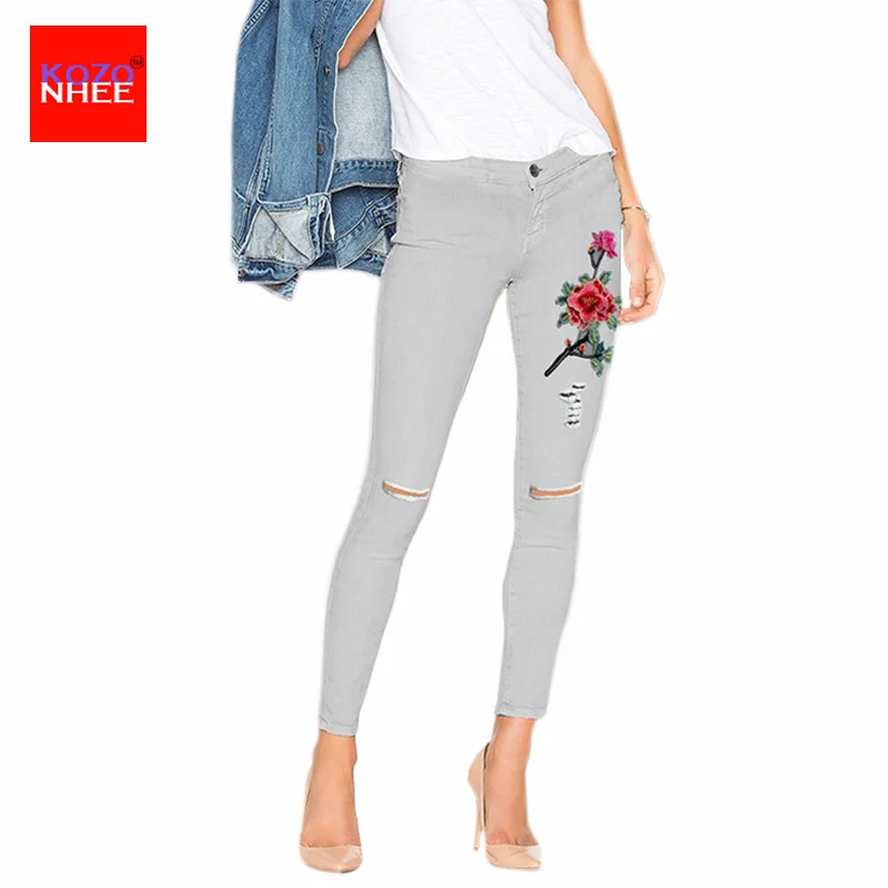 

Women Ripped flower Embroidery high waist Jeans Plus Size Vintage Female 2017 Ladies Blue Denim Pants Pencil Casual Fashion